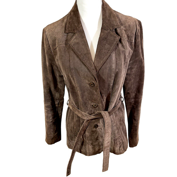 Wilsons Leather Button Up Belted Brown Blazer Jacket Pockets Sz L - Picture 1 of 8